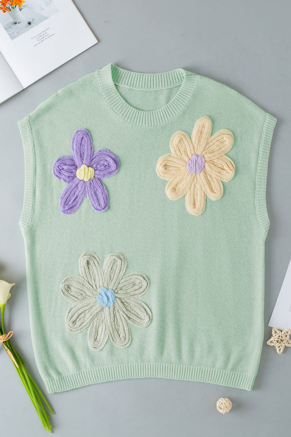 Multi Crochet Flower Knit Short Sleeve Sweater Top | Moonlight Jade