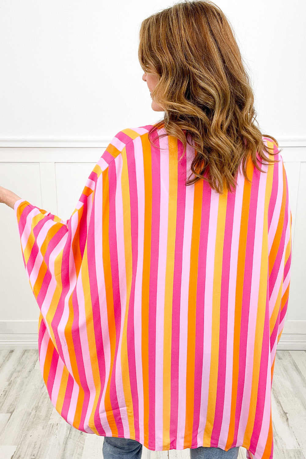 Wide Sleeve Open Front Kimono | Rose Stripe