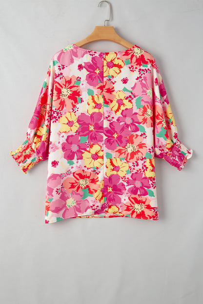 Shirred Cuffs 3/4 Sleeve Floral Blouse | Pink