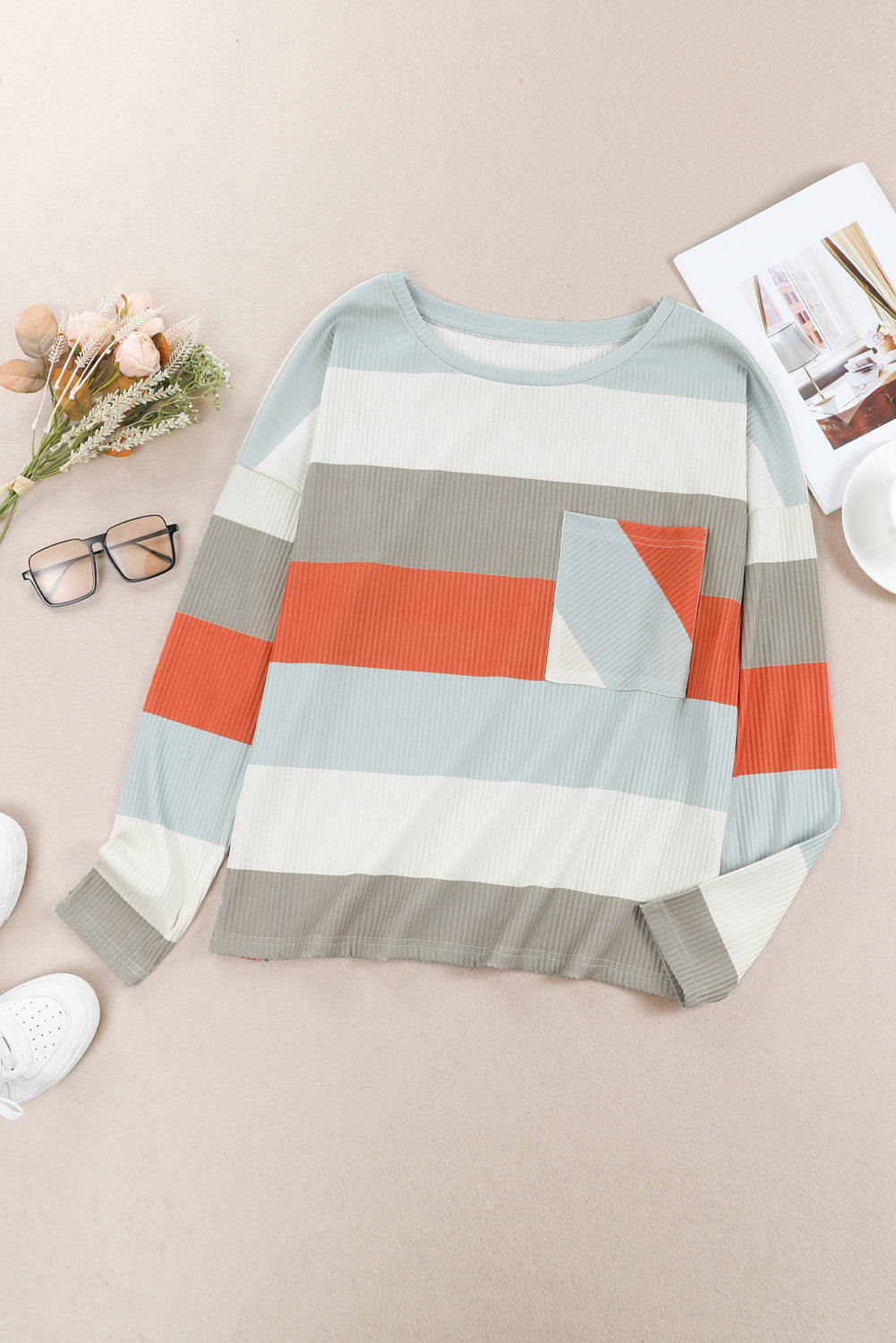 Striped Colourblock Ribbed Knit Top With Pocket | Red