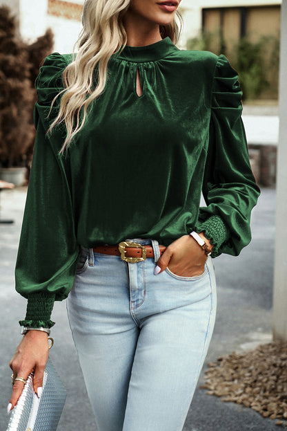 Mock Neck Puff Sleeve Velvet Blouse | Blackish Green