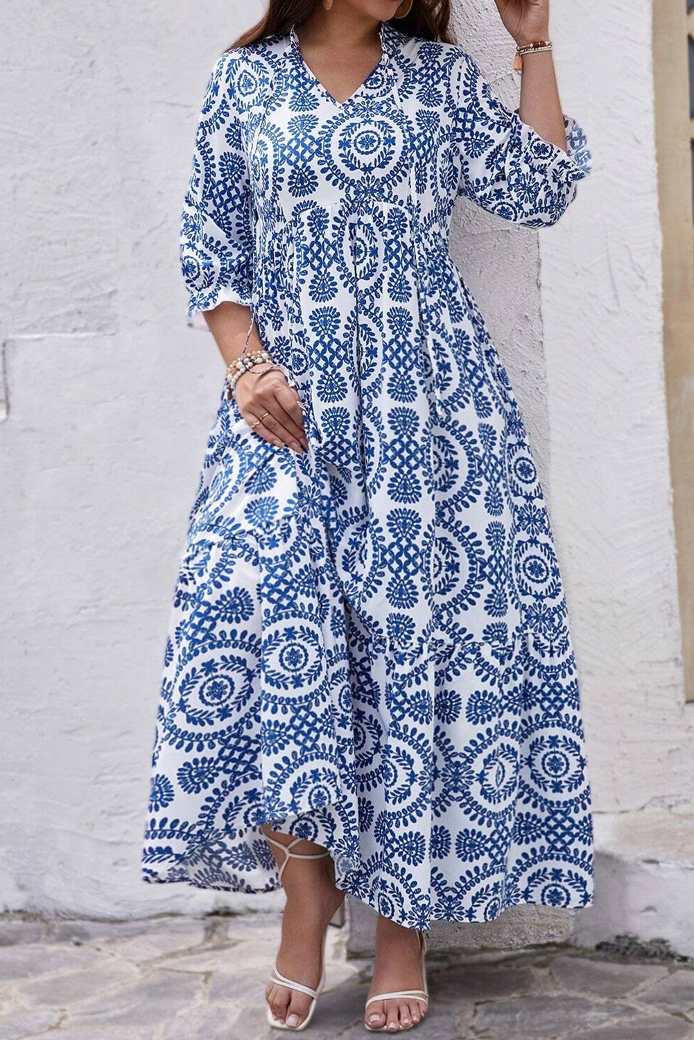 Geometric Print Lace-Up Notch Neck Plus Size Maxi Dress | Sky Blue