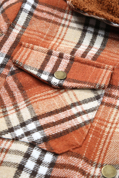 Plaid Pattern Sherpa Lined Hooded Shacket | Orange