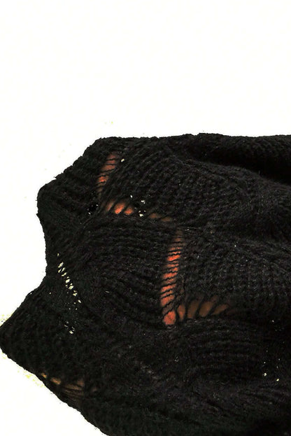 Hollow Out Knit V Neck Drop Shoulder Sweater | Black