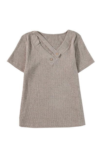 Ribbed Buttoned Strappy V Neck Tee | Pale Khaki