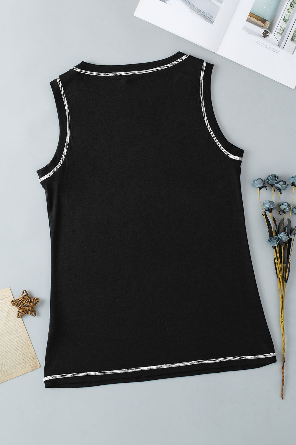 Contrast Stitch Round Neck Sleeveless Top | Black