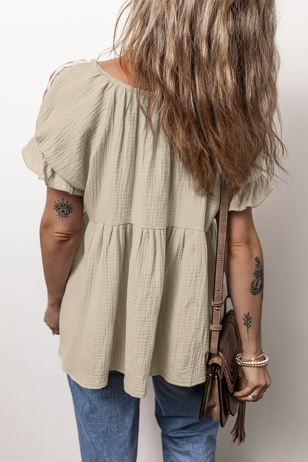 Crinkle Embroidered Patched Bubble Sleeve Tied Neck Blouse | Smoke Gray