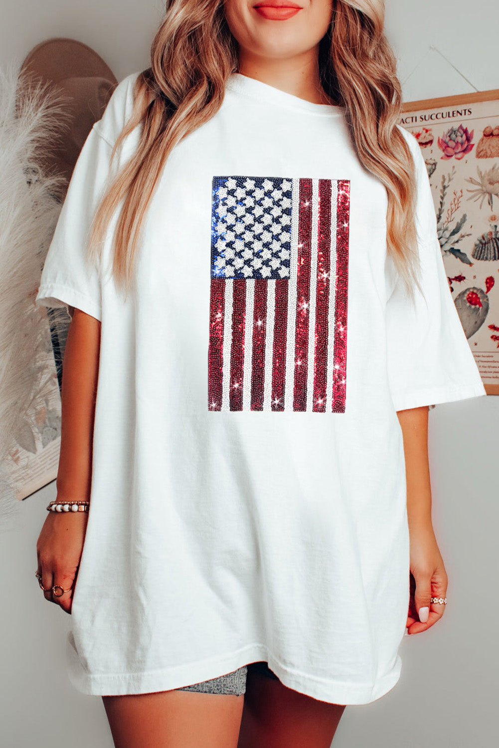 Sequined American Flag Crewneck Oversized Tee | White