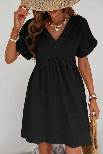 Folded Short Sleeve Lace V Neck Mini Dress | Black