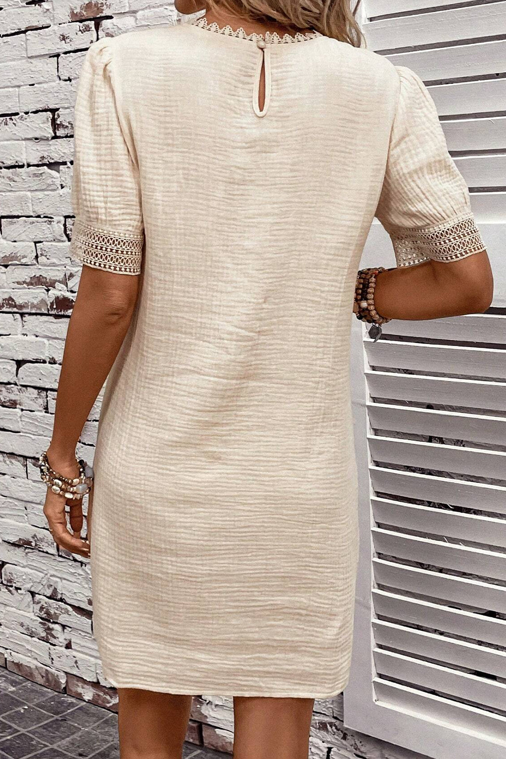 Crinkle Lace Trim Puff Sleeve Shift Mini Dress | Beige