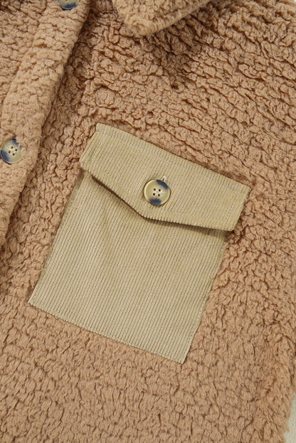 Contrast Flap Pocket Single Breasted Teddy Coat | Khaki