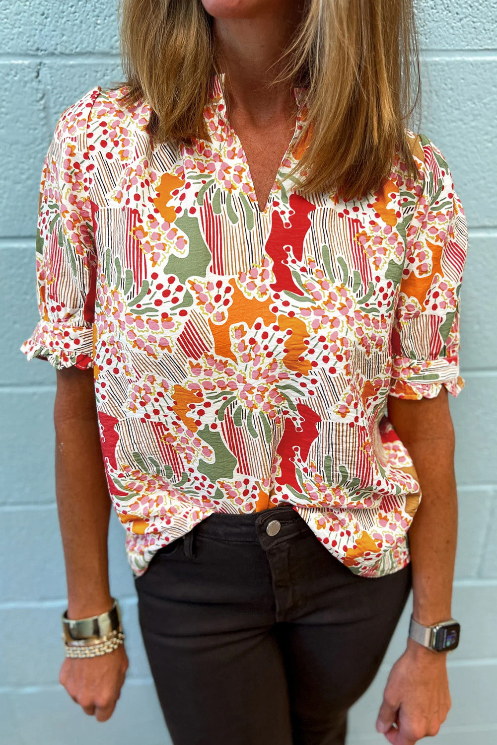 Floral Print Button Frilled Short Sleeve Blouse | Pink