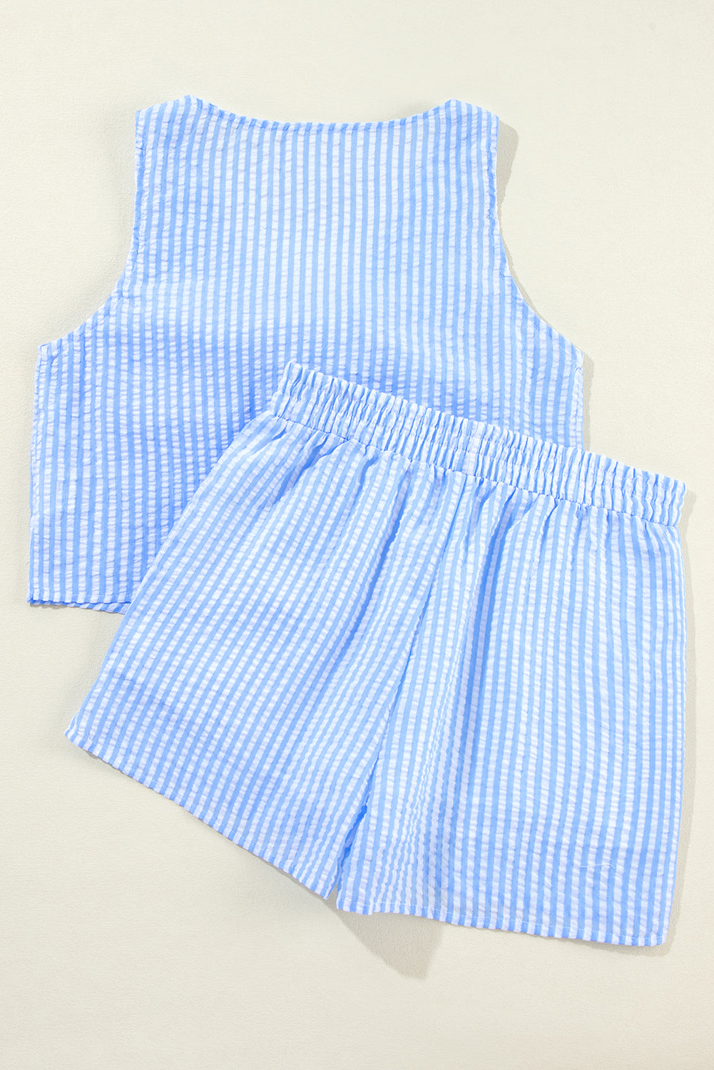 V Neck Bowknot Crop Tank And Shorts Set | Sky Blue Stripe