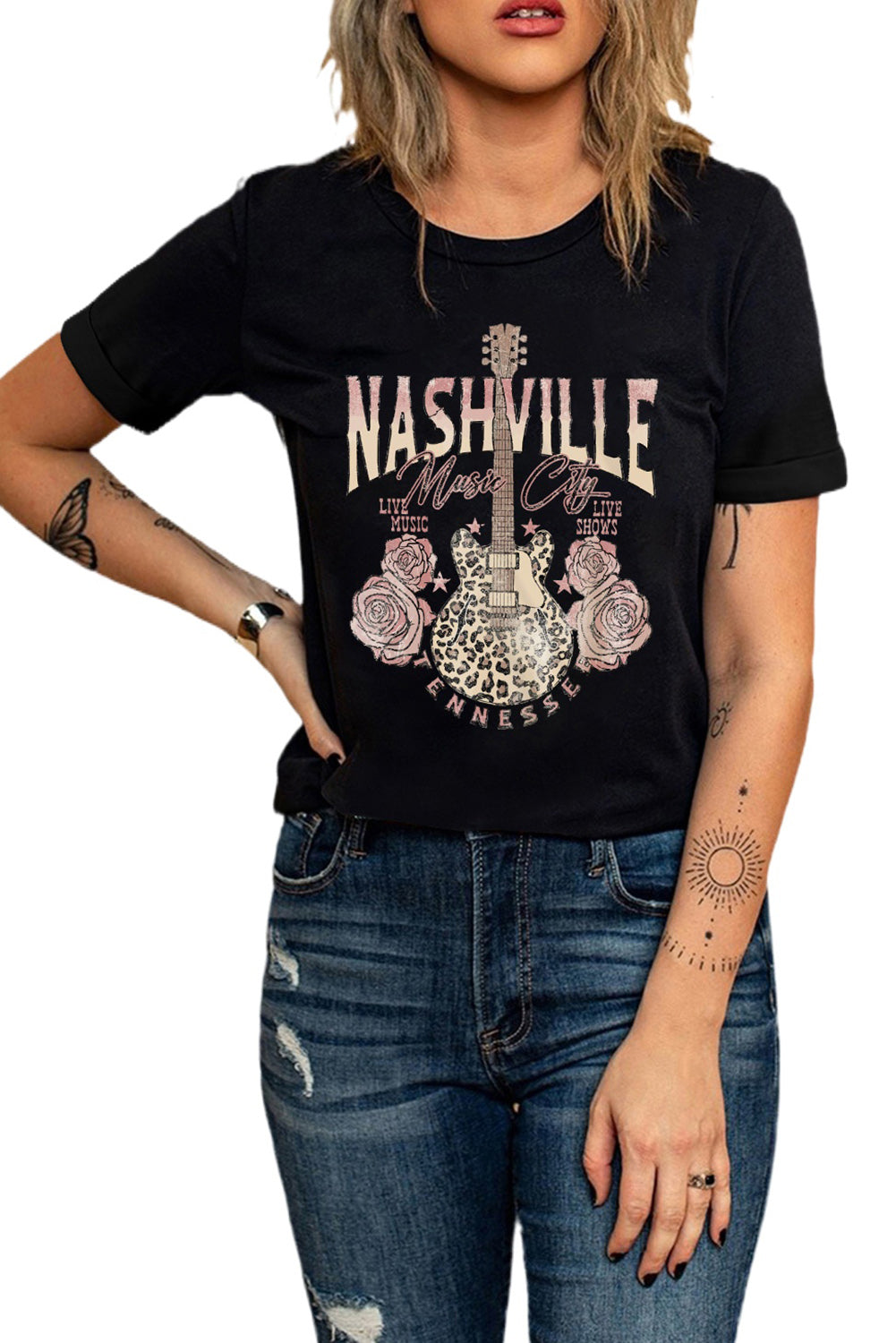 Nashville Music City Leopard Guitar Graphic T Shirt | Black