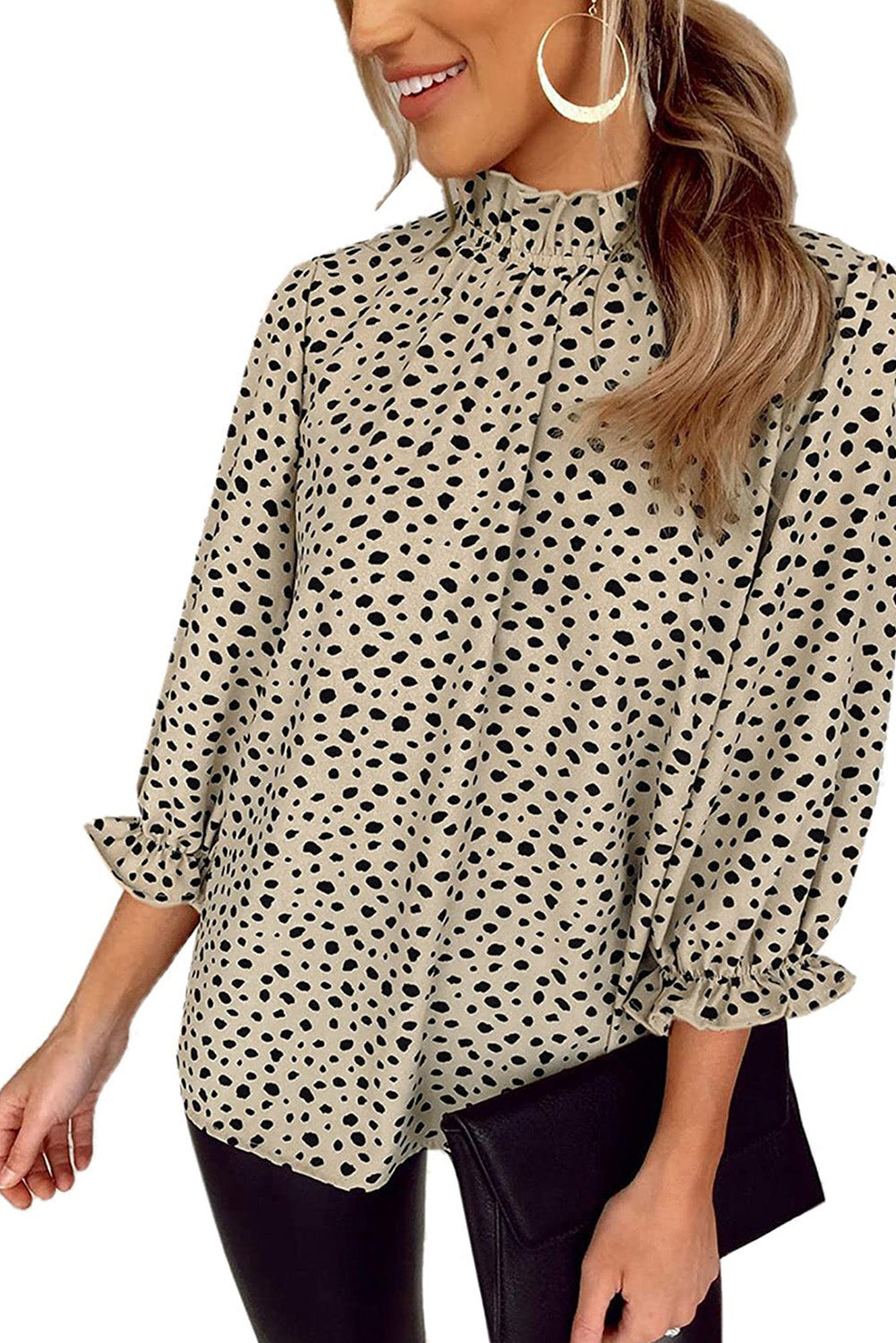 Frilled Neck 3/4 Sleeves Cheetah Blouse | Khaki