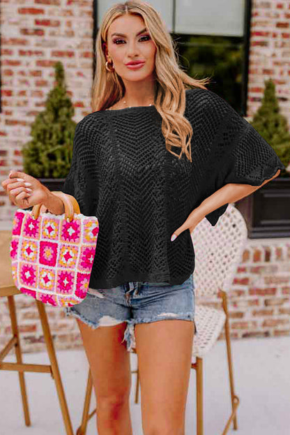 Pointelle Knit Scallop Edge Short Sleeve Top | Black