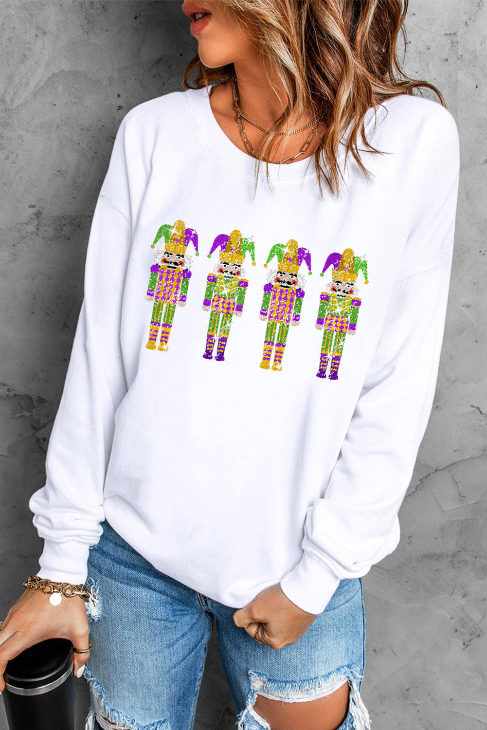 Glitter Mardi Gras Nutcracker Patch Sweatshirt | White