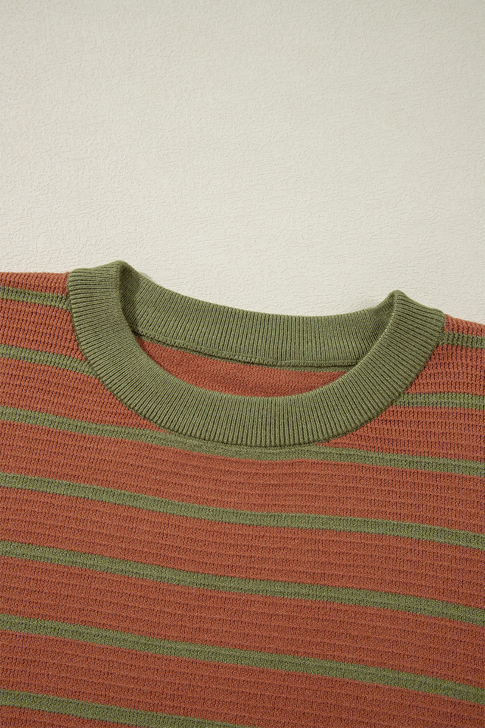 Trimmed Round Neck Drop Shoulder Loose Sweater | Brown Stripe