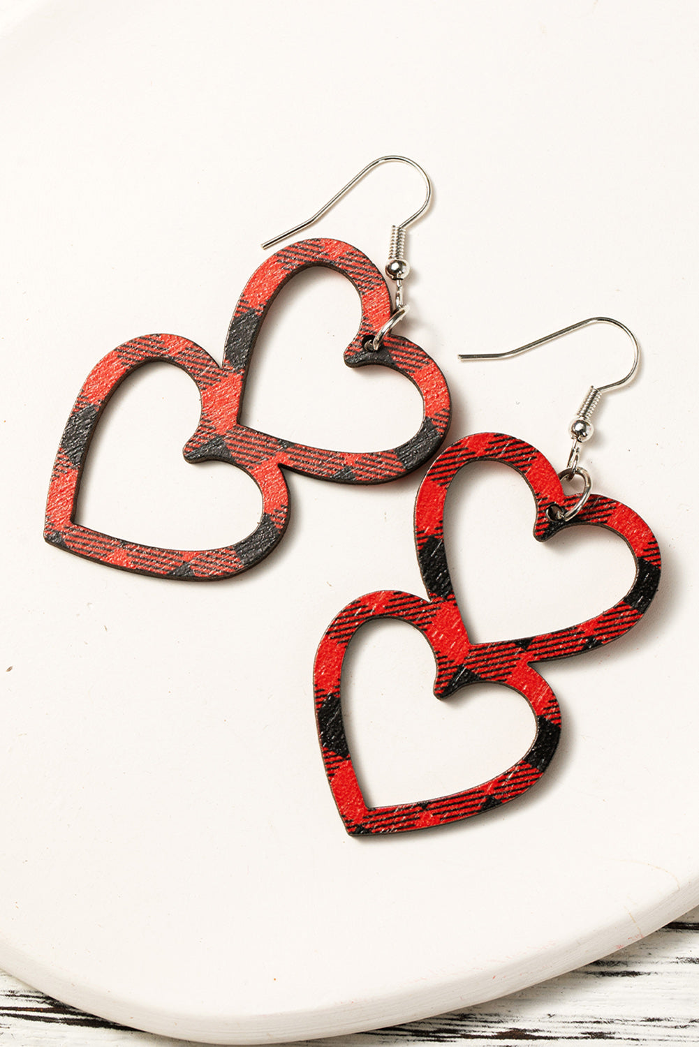 Valentines Day Plaid Double Love Heart Wooden Earrings | Fiery Red