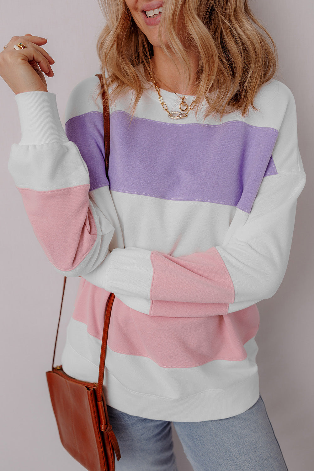 Colourblock Patchwork Drop Shoulder Crewneck Sweatshirt | Beige