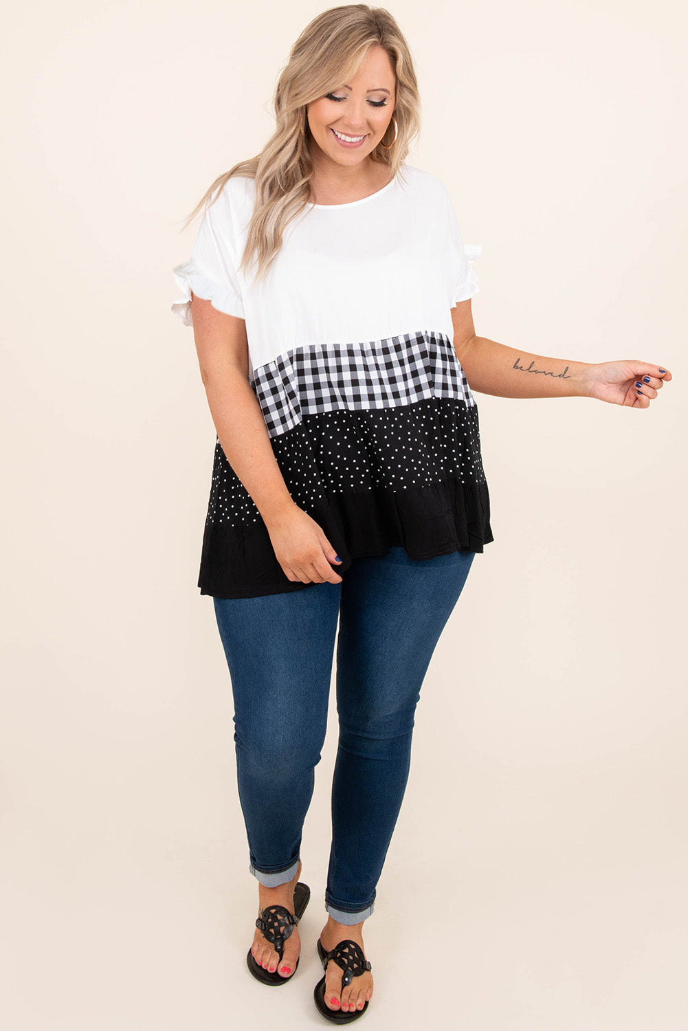 Plaid Dot Ruffled Plus Size Babydoll Top | White