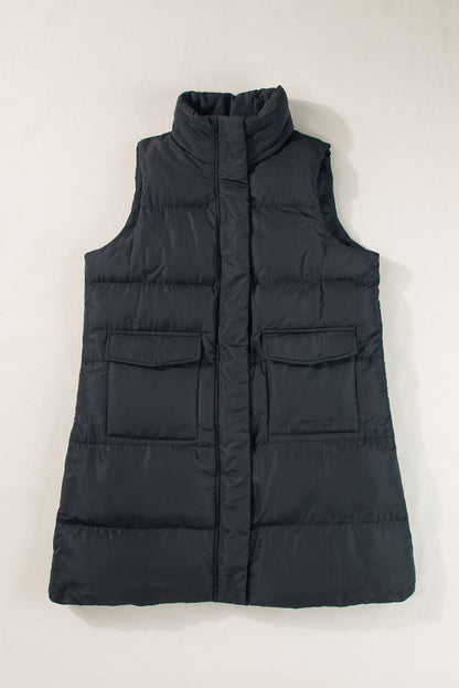 Windproof Longline Full Zipper Puffer Vest With Pockets | Black