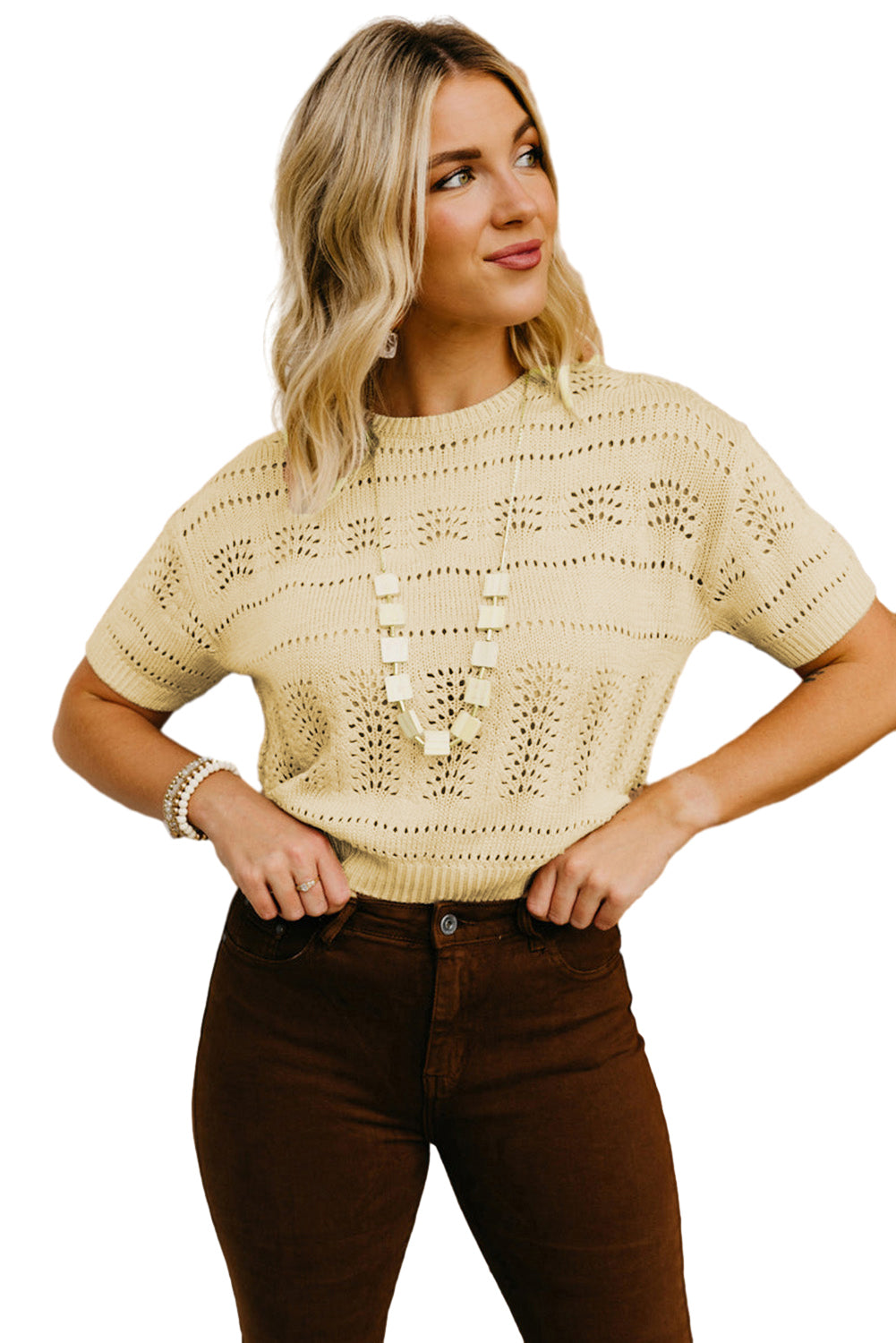 Knitted Hollow Out Short Sleeve Crop Sweater | Beige