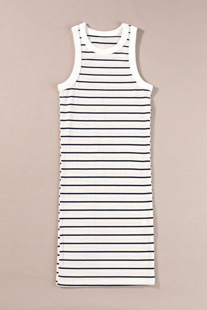 Ribbed Knit Tank Mini Dress | White Stripe