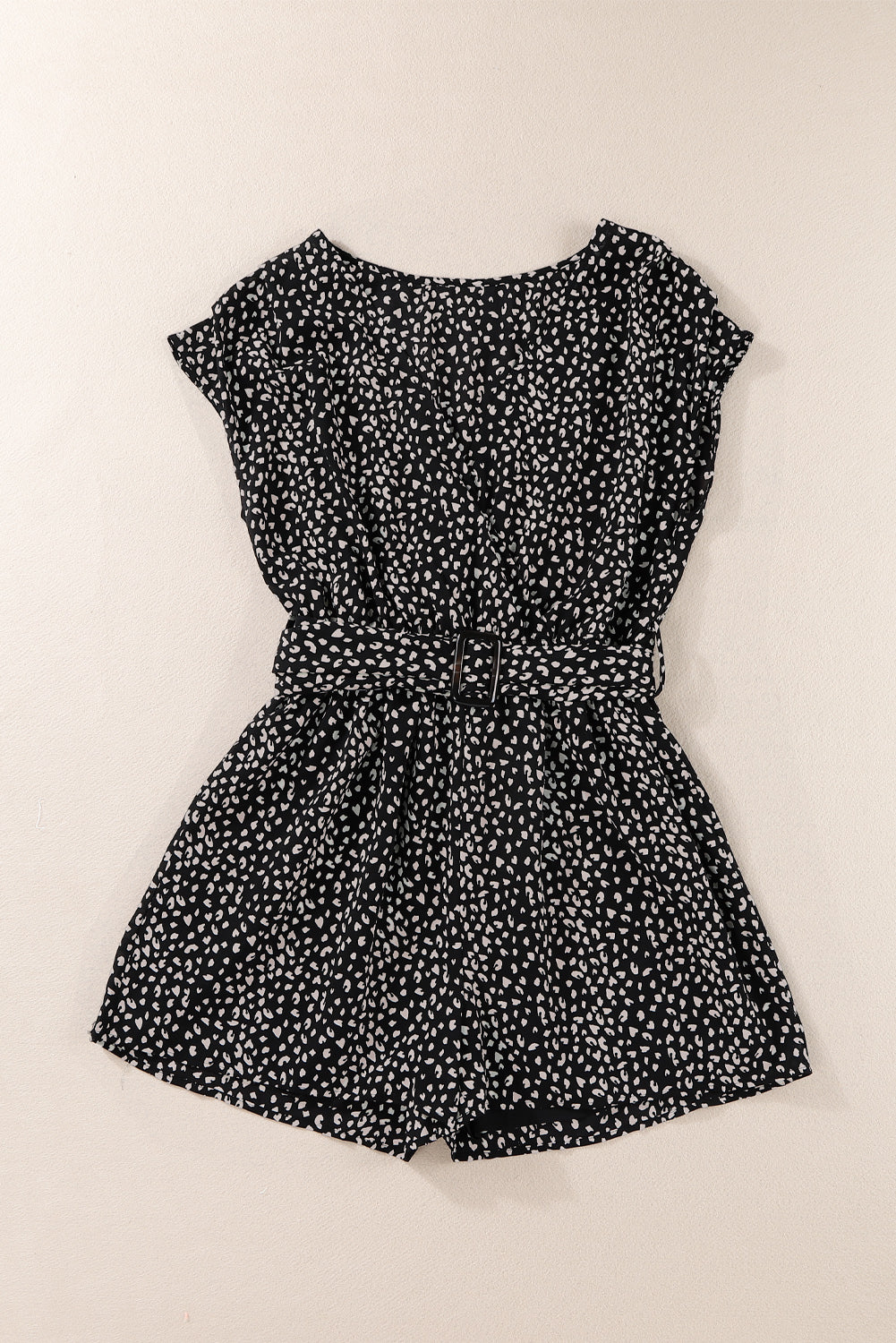 Leopard Print Belted V Neck Short Sleeve Romper | Black