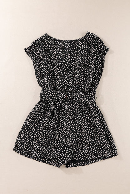 Leopard Print Belted V Neck Short Sleeve Romper | Black