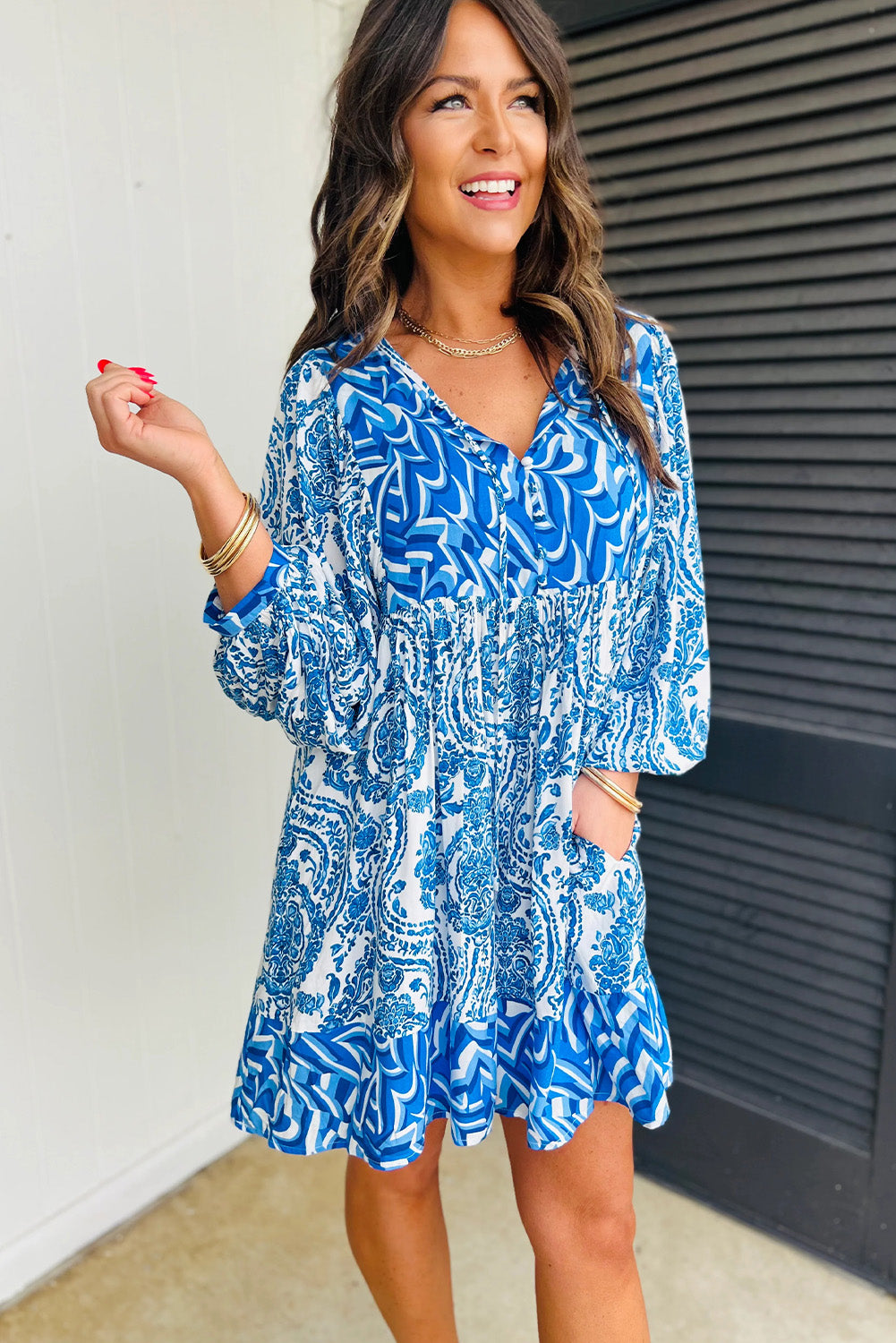 Bohemian Print Puff Sleeve Tied V Neck Flared Mini Dress | Sky Blue