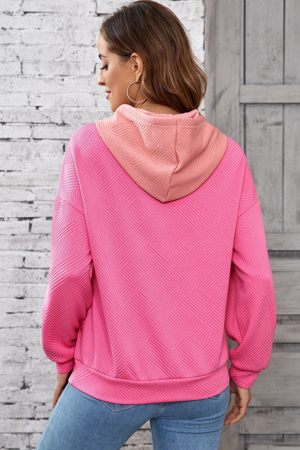 Textured Colour Block Kangaroo Pocket Drop Shoulder Hoodie | Pink