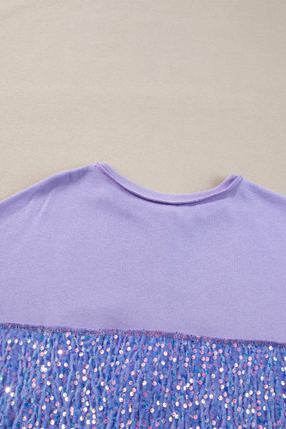 Sequin Patchwork High Low Hem Henley Sweatshirt | Lilac