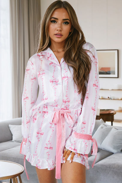 Satin Bow Bell Sleeve Shirt And Ruffled Shorts Pajama Set | Pink