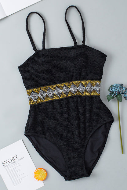 Geometric Trim High Waist Strapless One Piece Swimsuit | Black