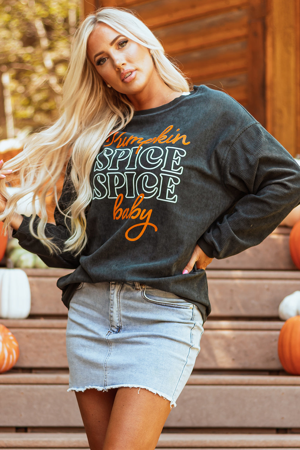 Halloween Pumpkin Spice Baby Graphic Textured Sweatshirt | Dark Grey