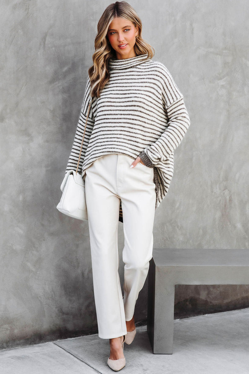 Striped Turtleneck Loose Sweater | Khaki