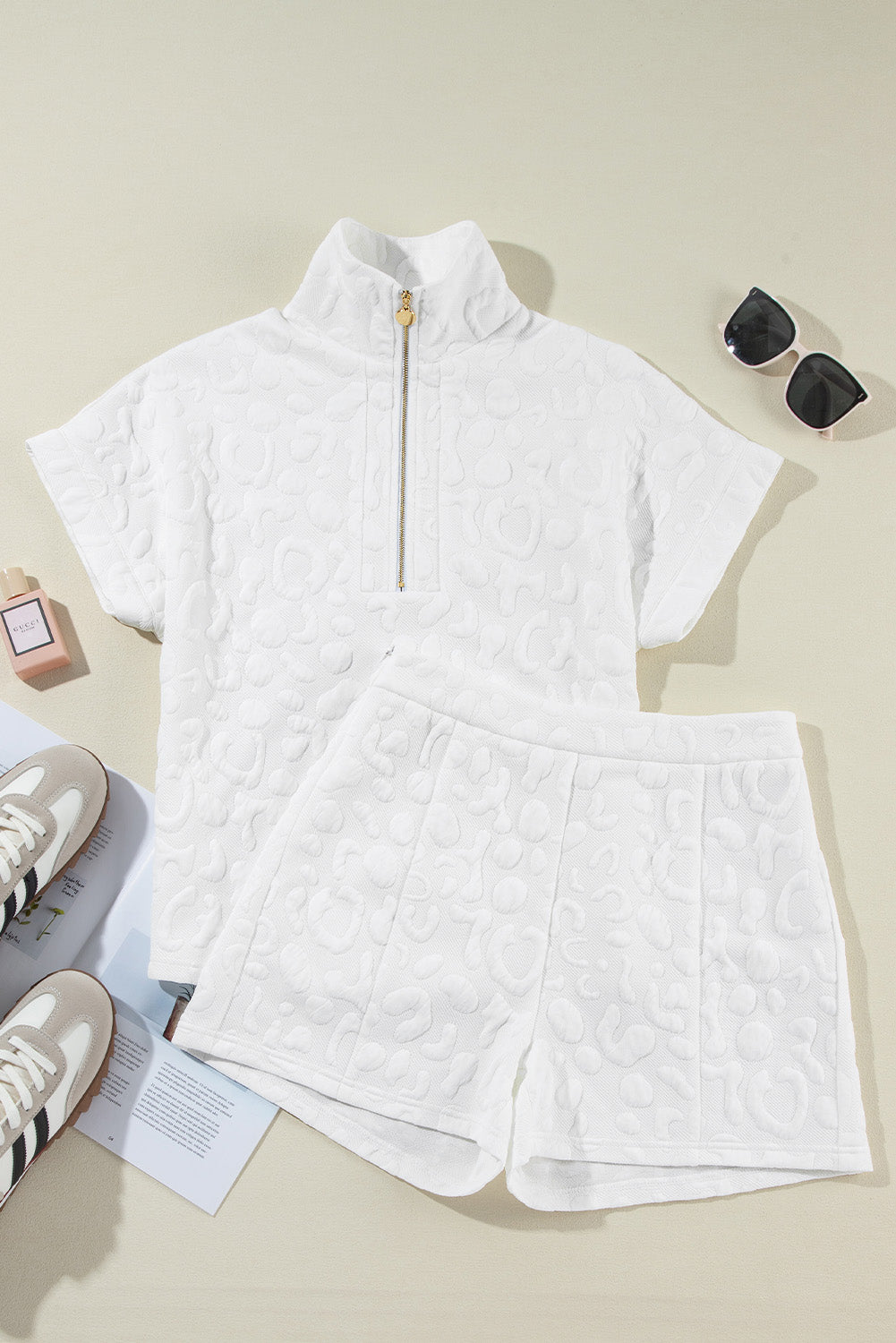 Leopard Jacquard Quarter Zip Tee And Shorts Set | White