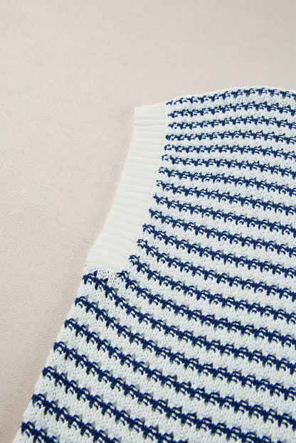 Ribbed Trim Loose Fit Knitted Sweater Vest | Blue Stripe