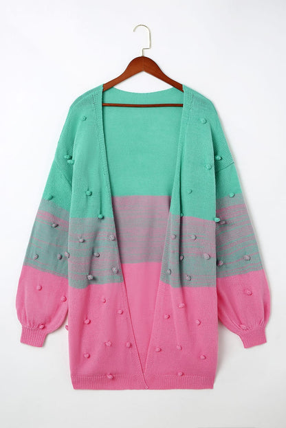 Pompom Colour Block Open Front Cardigan | Rose