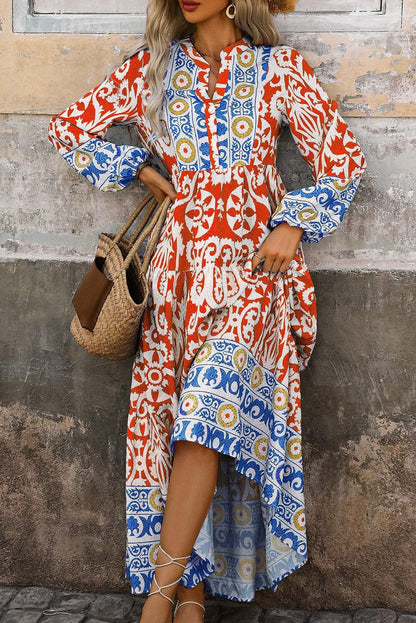 Boho Geometric Printed Long Sleeve Maxi Dress | Orange