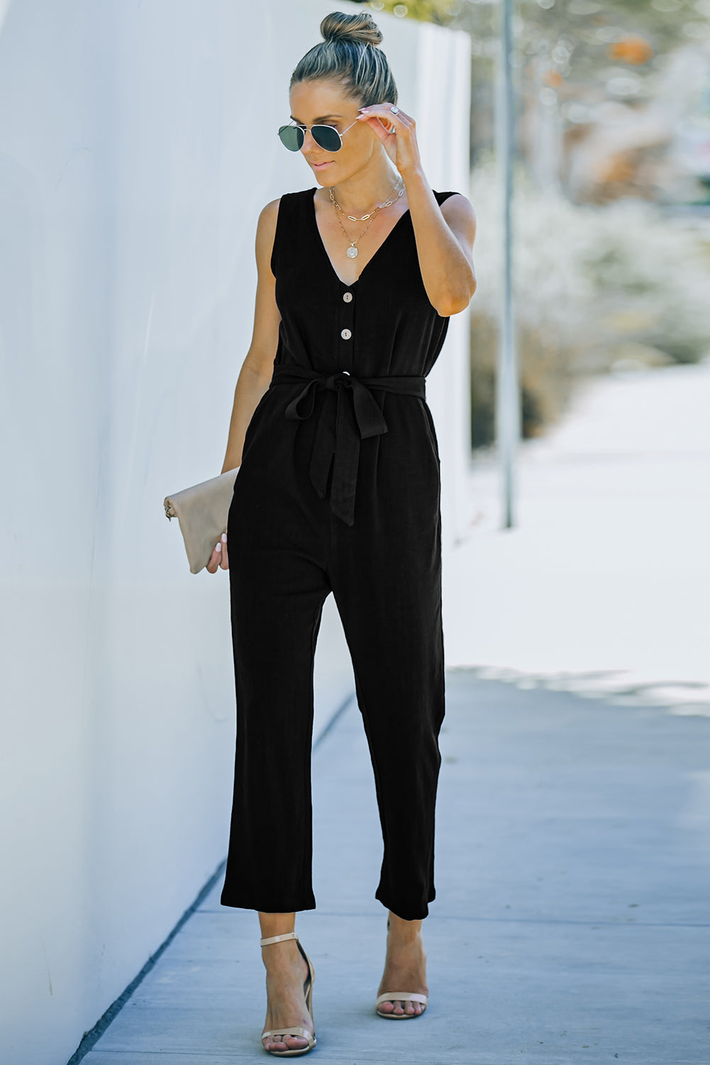 V Neck Button Belted Jumpsuit With Pockets | Black