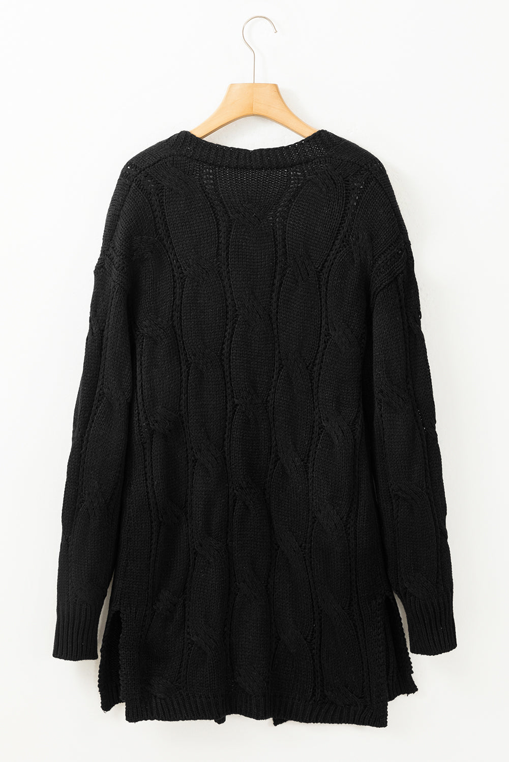 Ribbed Trim Eyelet Cable Knit Cardigan | Black