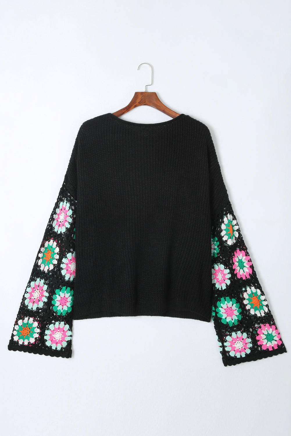 Floral Crochet Bell Sleeve Loose Sweater | Black