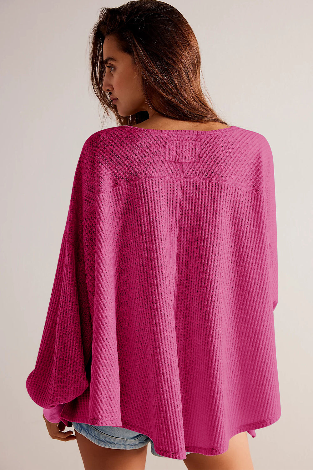 Waffle V Neck Long Sleeve Drop Shoulder Loose Blouse | Bright Pink