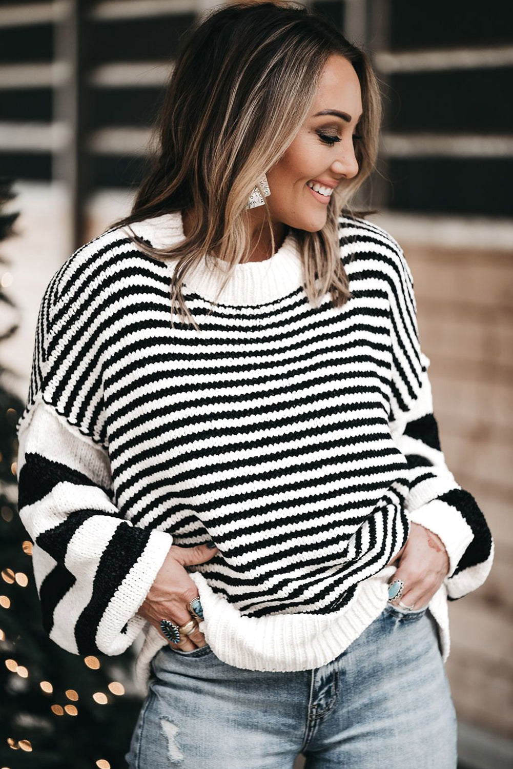 Black White Striped Drop Shoulder Bishop Sleeve Knit Sweater | Black white