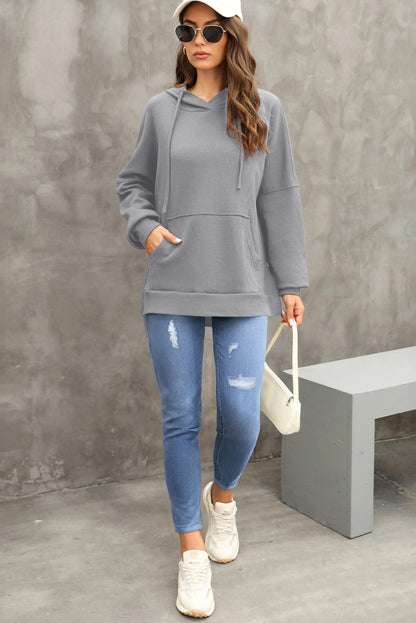 Waffle Knit Fleece Lined High Low Oversized Hoodie | Gray