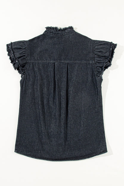 Button Front Ruffled Flutter Frayed Denim Top | Black