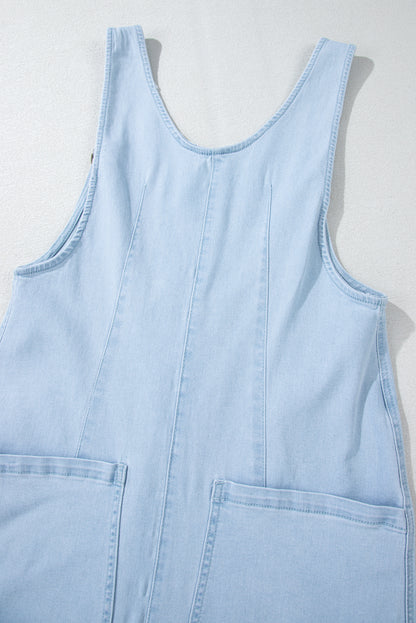 Adjustable Strap V Neck Pocketed Denim Overalls | Beau Blue