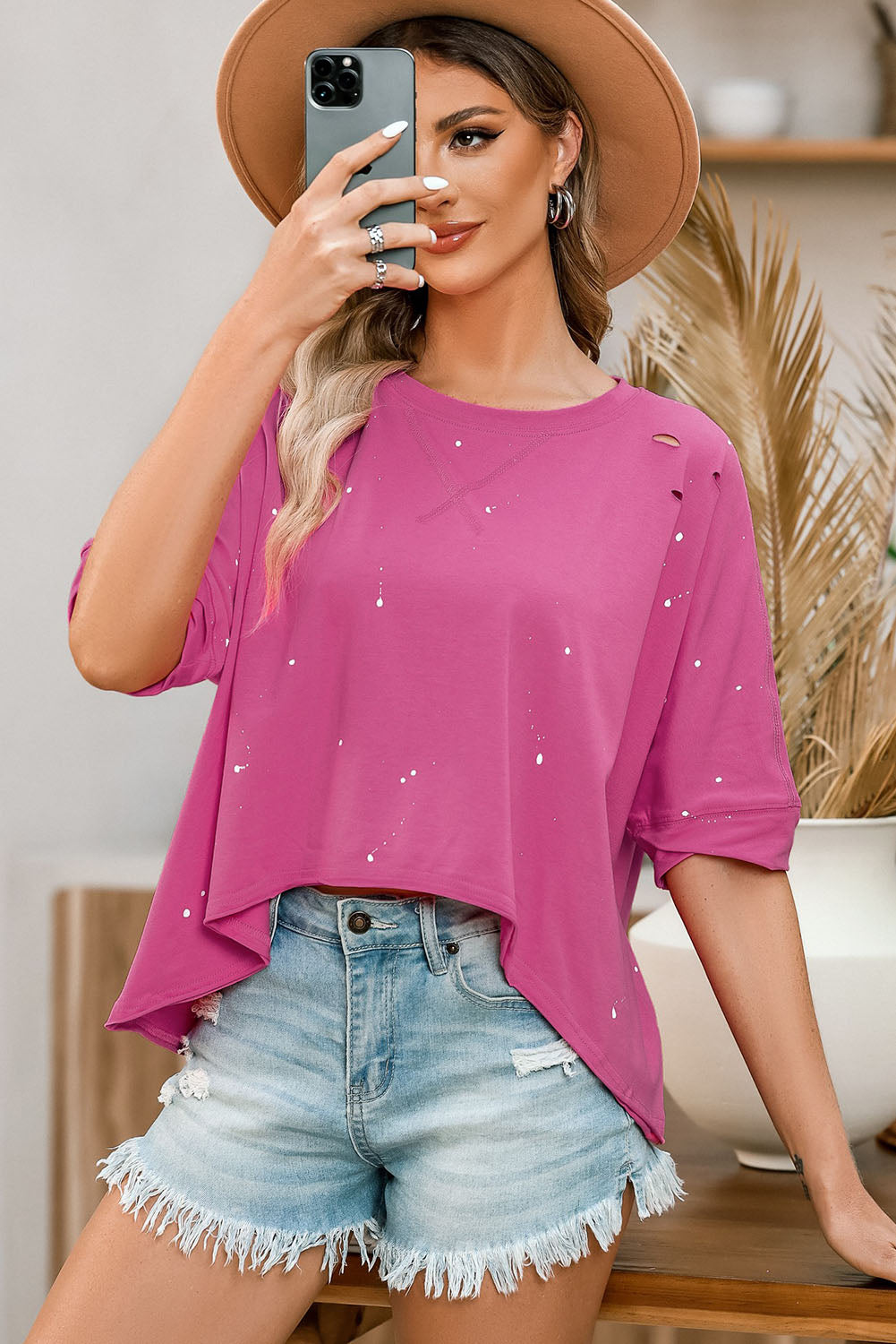 Distressed Bleached Asymmetric Hem Short Sleeve Top | Pink